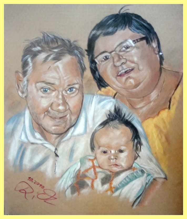 glückliche Großeltern mit ihrem Enkel - Portrait von Petra Rick 2010 - Pastell